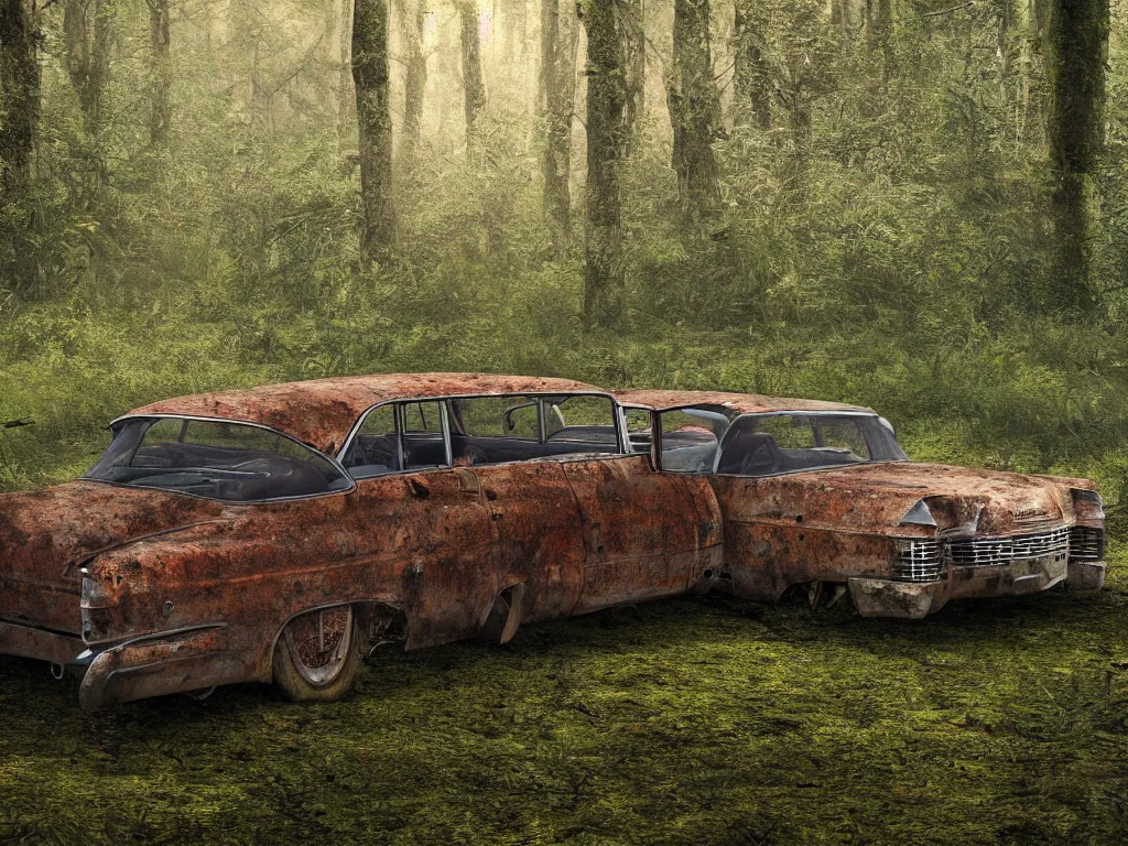 Prompt: an abandoned rusty and partly moss - covered cadillac coupe deville 1 9 5 9 in a forest clearing in the evening light, 1 6 mm wideangle lens, volumetric lighting, octane render, artstation