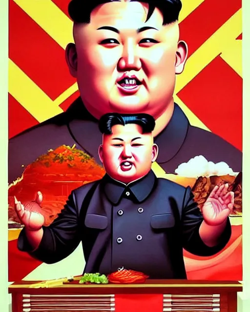 Image similar to kim jong un as a friendly cook. 1 9 8 0 s dystopian soviet russia, propaganda screens. unreal engine, fantasy art by jesper ejsing. faithfully depicted facial expression, perfect anatomy global illumination, radiant light, detailed and intricate environment