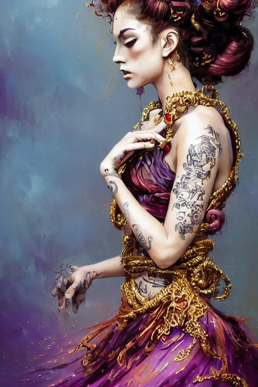 Prompt: an epic painting of a 19 years old girl figure, curly messy high bun hairstyle, whimsically designed oriental tattoos, subject wearing a gold and ruby high fashion gown, flowing, ornate, beautiful, forbidden beauty, dramatic earth colors, with few vivid purple highlights, by Jeremy Mann and Greg Rutkowski, trending on Artstation, Pixiv, oil on canvas