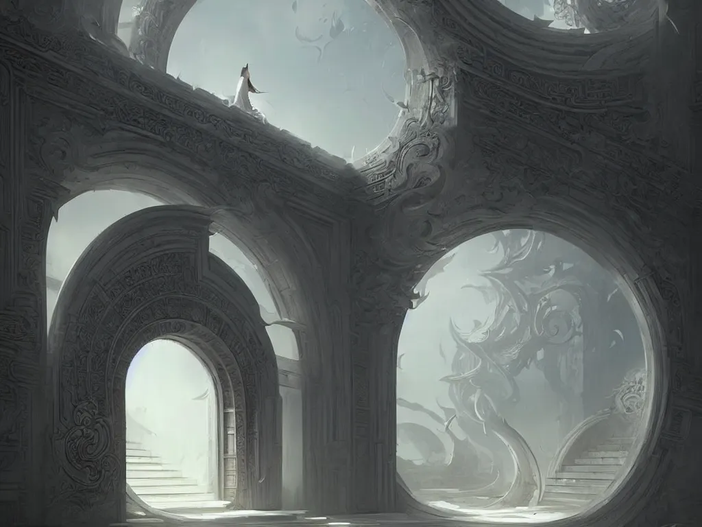 Prompt: circular gate in a white wall, leading to heaven. chinese architecture. fantasy. detailed. smooth. sharp focus. trending on artstation. artist greg rutkowski.