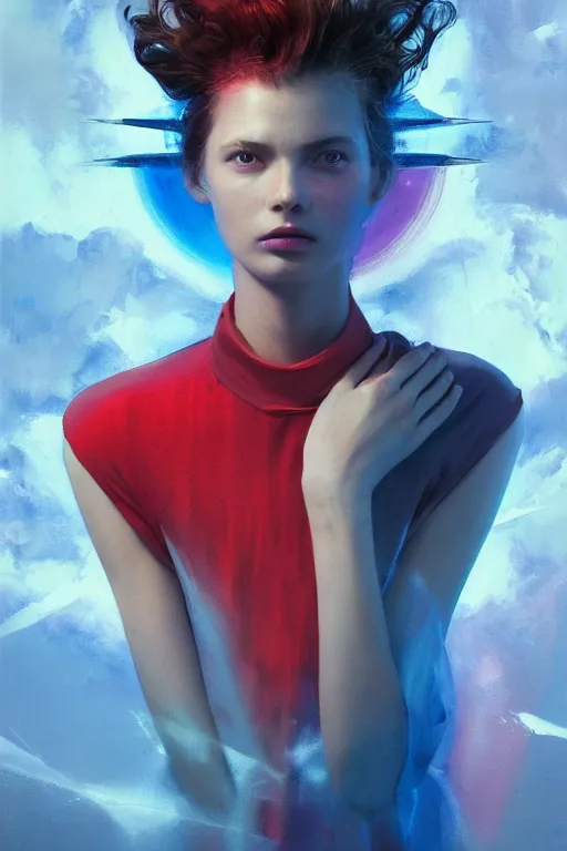 Prompt: 3 d, sci - fi, morning, sun rays, sleepy fashion model face, cinematic, lightning clouds, vogue cover style, stanley kubrick, light red and deep blue mood, realistic painting, intricate oil painting, high detail, figurative art, multiple exposure, poster art, 3 d, by tooth wu and wlop and beeple and greg rutkowski