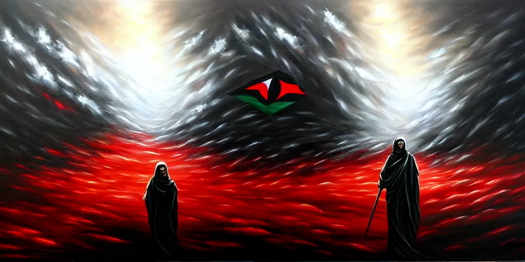 Image similar to dramatic epic dark oil painting of freedom for palestine, red green white black