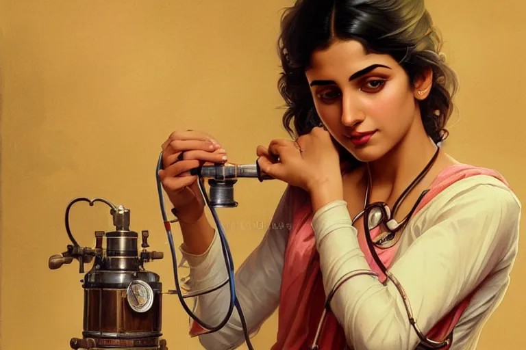 Image similar to sensual pale beautiful indian doctor in jeans with stethoscope, art deco portrait, elegant, intricate, digital painting, artstation, concept art, smooth, sharp focus, illustration, art by artgerm and greg rutkowski and alphonse mucha