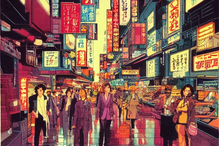 Image similar to 1 9 7 9 science fiction magazine cover depicting a row of shops downtown in neo - tokyo. in the style of bladerunner concept art by syd mead