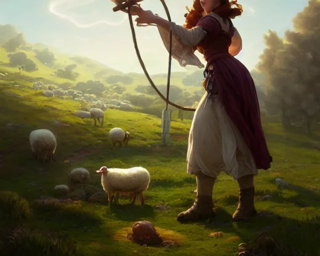 Prompt: a lady spinning wool on an old sheep farm, deep focus, d & d, fantasy, intricate, elegant, highly detailed, digital painting, artstation, concept art, matte, sharp focus, illustration, hearthstone, art by artgerm and greg rutkowski and alphonse mucha