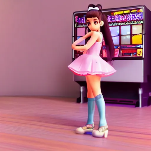 Image similar to Manga cover portrait of an extremely cute and adorable beautiful Ariana Grande playing Dance Dance Revolution, 3d render diorama by Hayao Miyazaki, official Studio Ghibli still, color graflex macro photograph, Pixiv, DAZ Studio 3D