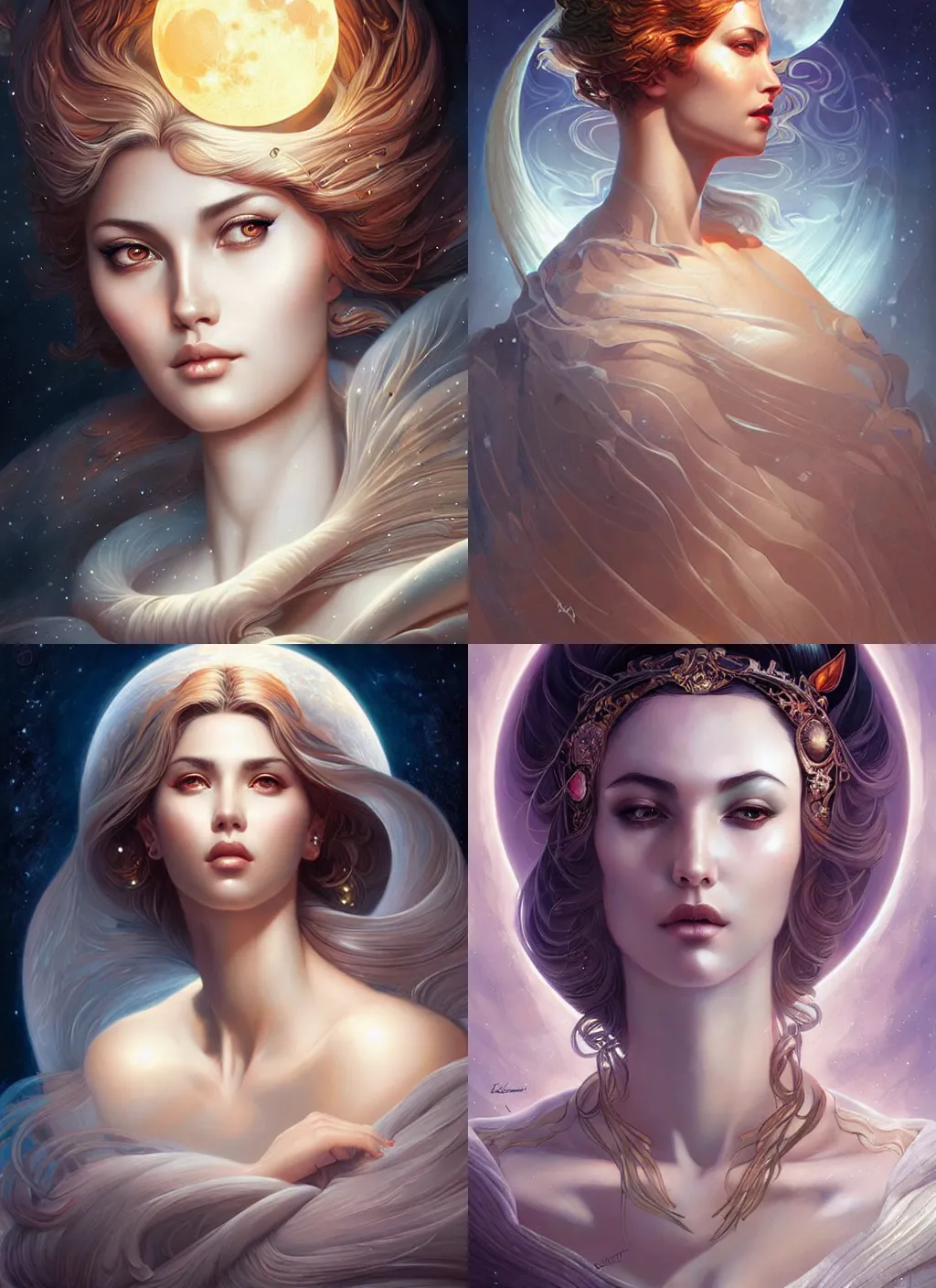 Prompt: portrait of selene, goddess of the moon, digital art by artgerm and karol bak, android jones and atey ghailan