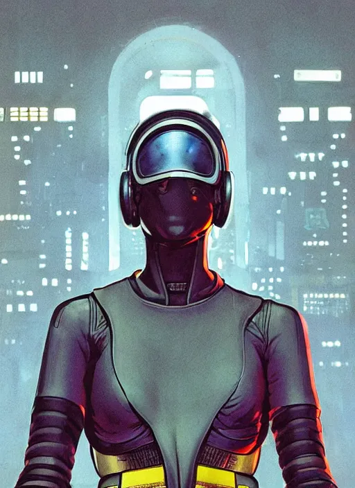 Image similar to cyberpunk traffic cop in reflective gear. dystopian. portrait by mœbius and will eisner and gil elvgren and pixar. realistic proportions. cyberpunk 2 0 7 7, apex, blade runner 2 0 4 9 concept art. cel shading. attractive face. thick lines.