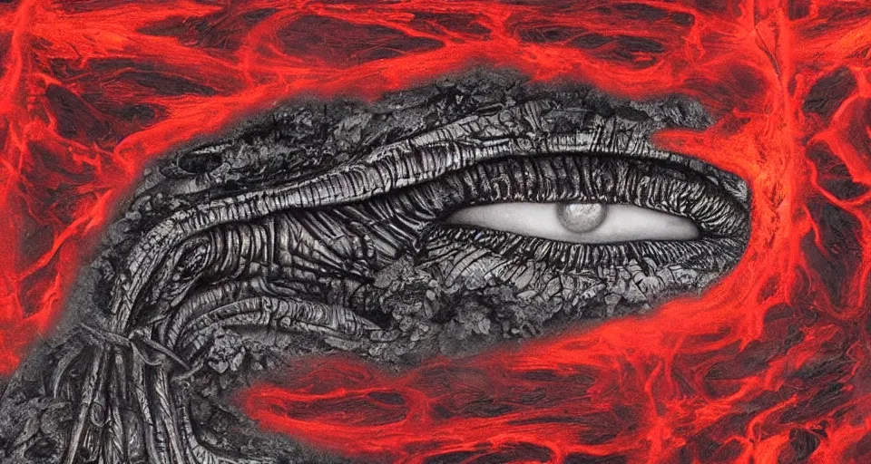 Prompt: a volcano made of ivory vines and crimson rocks enters in eruption, it spits a smoke in the shape of demonic eye, by HR Giger