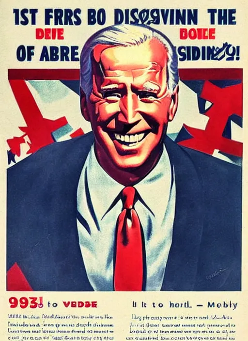 Image similar to first person perspective of joe biden staring directly at you ominously with a big scary smile, 1940s scare tactic propaganda art