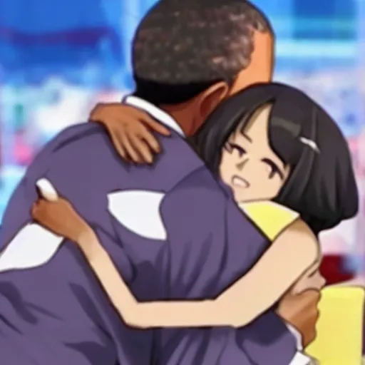 Image similar to Barack Obama hugging his anime waifu, trending on Twitter, set on afternoon