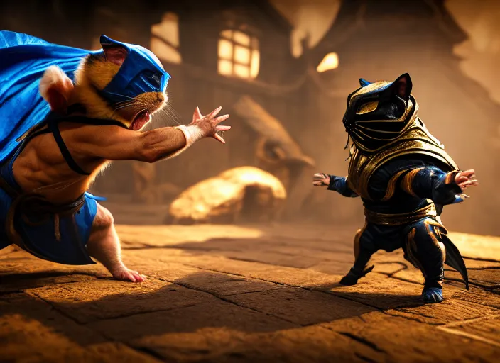 Image similar to hamster dressed as sub zero fights a cat dressed as scorpion in mortal kombat on the background of a laughing shao khan. fantasy magic style. highly detailed 8 k. intricate. lifelike. soft light. sony a 7 r iv 5 5 mm. unreal engine with nanite and path tracing