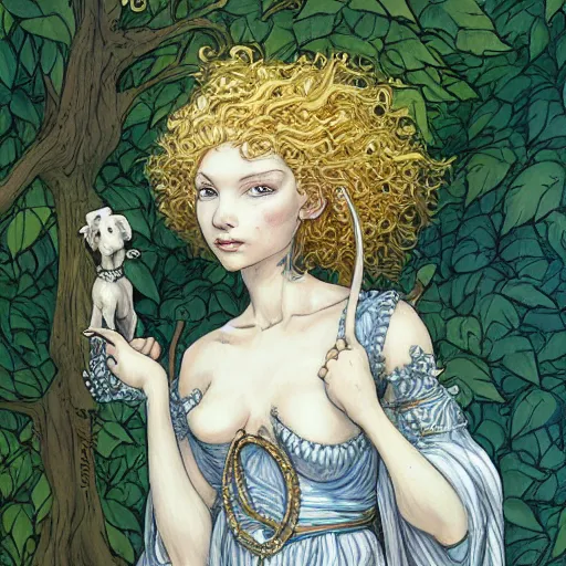 Prompt: elf girl with curly blonde hair pets a white pitbull, highly detailed, painting by rebecca guay