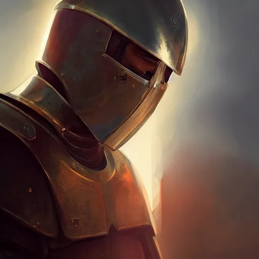 Image similar to A closeup of a holy knight holding his helmet to his side by Greg Rutkowski, 4k photorealistic, volumetric lighting, HD, high details, dramatic, trending on artstation