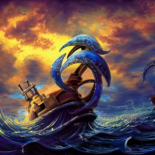 Image similar to mystical ship with kraken pulling it underwater, beautiful composition, wide angle, colorful, cinematic, volumetric lighting, intricate details painting