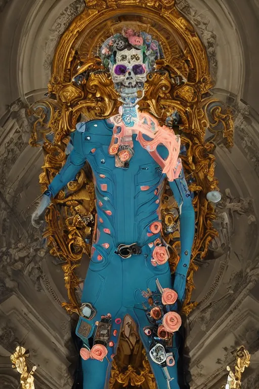 Image similar to full-body cyberpunk style sculpture of a young handsome Spanish prince half android with a chest opening exposing circuitry and a sparking motherboard, glowing blue eyes, crown of peach roses, flowing teal-colored silk, fabric, flowers. baroque elements, human skull. full-length view. baroque element. intricate artwork by caravaggio. many many birds birds on background. Trending on artstation, octane render, cinematic lighting from the right, hyper realism, octane render, 8k, depth of field, 3D