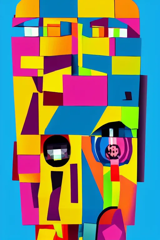 Image similar to cubist moai statue cutout digital illustration cartoon colorful beeple