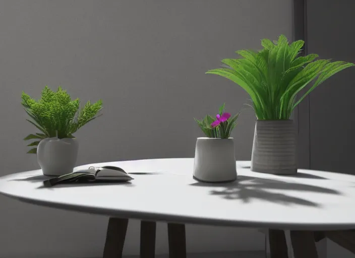 Image similar to a small miniature of a Hinda Prelude 2.0 on a white table near a book and a vase with a plant, 3d render, octane render, unreal engine 5, path tracing, serene landscape, calm, relaxing, beautiful landscape, highly detailed, high quality, 4k, symmetrical, low contrast, centered