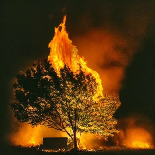 Prompt: “photo of a single burning oak tree engulfed in flames on fire in a graveyard at night. Burning embers fall from the night sky. Cursed image.”