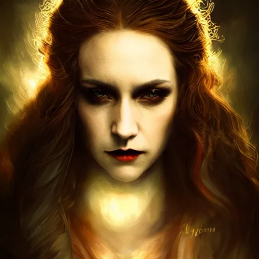 Image similar to majestic gracious regal aristocratic female vampire portrait, atmospheric lighting, painted, ravenous, tempestuous, menacing, intricate, volumetric lighting, beautiful, rich deep colours masterpiece, golden hour, sharp focus, ultra detailed, by leesha hannigan, ross tran, thierry doizon, kai carpenter, ignacio fernandez rios