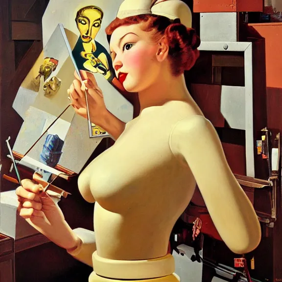 Image similar to robot artist painting a self - portrait on a canvas. intricate, highly detailed, photorealistic, film still, by gil elvgren.