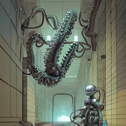 Image similar to robotic Octopus in a hallway, Industrial Scifi, detailed illustration, character portrait, by Martin Grip and Moebius