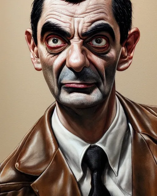 Prompt: portrait of mr bean, gritty, dark, wearing a leather jacket very detailed eyes, hyperrealistic, very detailed painting by Glenn Fabry, by Joao Ruas, by Artgerm