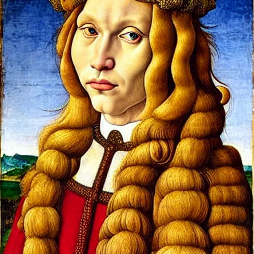 Image similar to beautiful renaissance painting portrait of ginger maine coon by sandro botticelli, jan van eyck, tiziano vecelli, piero della francesca