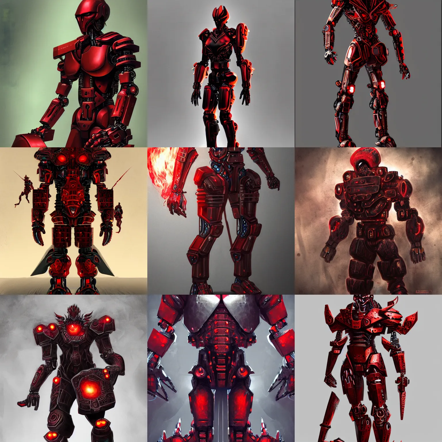 Prompt: humanoid warrior with a body of red matte thick metal blocks as scales, dark and ominous, cybernetic, character concept artwork, realistic, evil, gritty, matte, fire, detailed, rich iridescent colors, hd