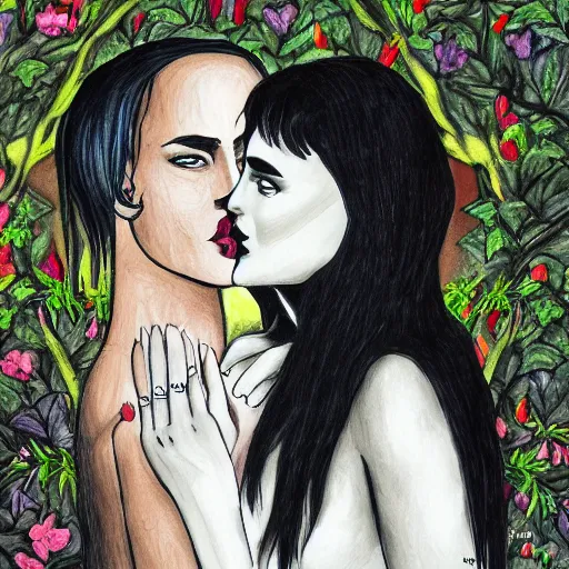 Image similar to stoic heroic emotionless blond butch tomboy woman holding hands with taller goth black - haired dark fae jennifer connelly, in love, romantic in romantic garden, mike mignogna, illustration, pen and ink, oil painting