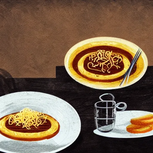 Image similar to obese cat sitting in behind a plate of indomie mi goreng noodles on toast, traditional artstyle