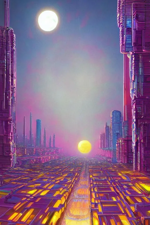 Image similar to full moon over futuristic city of light synthwave bright neon colors highly details cinematic vladimir kush, philippe dru, roger deal, michael whelan,