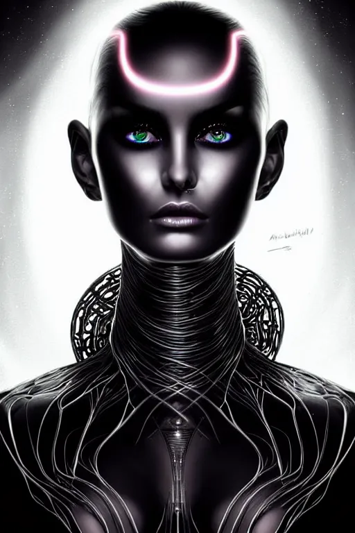 Prompt: Supermodel woman turning into an Android portrait, dark surrealism , scifi, intricate design, elegant, sharp black eyebrows, ornate long platinum neon blonde hair and small black strand streaks, highly detailed cybernetic body, glowing eyes, digital painting, artstation, concept art, smooth, sharp focus, illustration, art by Artgerm and moebius and Peter Mohrbacher