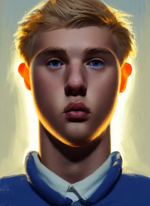 Image similar to portrait of high school senior boy named big moose, blonde short hair, jock, beefy, wide face, square jaw, square facial structure, blue varsity jacket with letter r, intricate, elegant, glowing lights, highly detailed, digital painting, artstation, concept art, sharp focus, illustration, art by wlop, mars ravelo and greg rutkowski