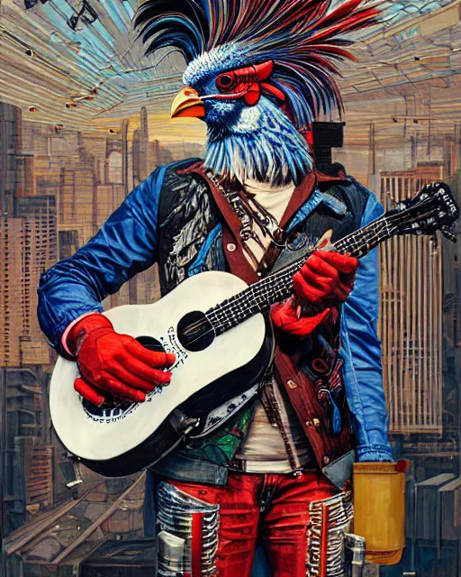 Image similar to a portrait of an anthropomorphic cyberpunk rooster shredding a banjo by sandra chevrier, by jon foster, detailed render, tape deck, epic composition, cybernetics, 4 k realistic, cryengine, realistic shaded lighting, sharp focus, masterpiece, by enki bilal