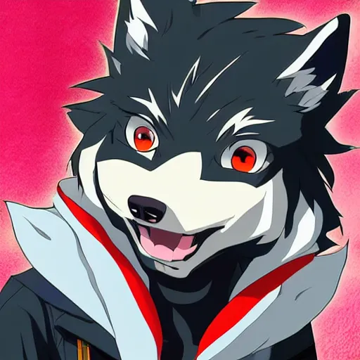 Image similar to key anime visual portrait of an anthropomorphic anthro wolf fursona, in a jacket, with handsome eyes, official modern anime art