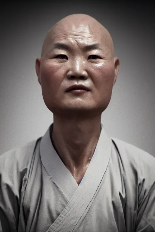 Prompt: an insanely stunning portrait of kungfu master in shaolin temple, motion blurred background, photorealism, cinema still, photography, porcelain skin, wrinkles, smooth, volumetric studio lighting, portrait photography, award winning photography, insane details, 8 k high definition, artstation