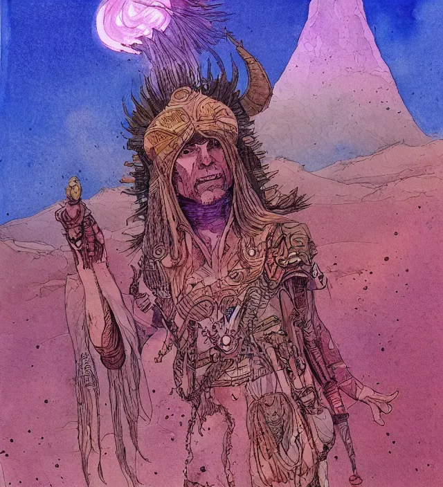 Image similar to a 3 / 4 view watercolor ink painting of an android shaman / wizard wandering desert bringing miracles in the style of jean giraud in the style of moebius trending on artstation deviantart pinterest detailed realistic hd 8 k high resolution