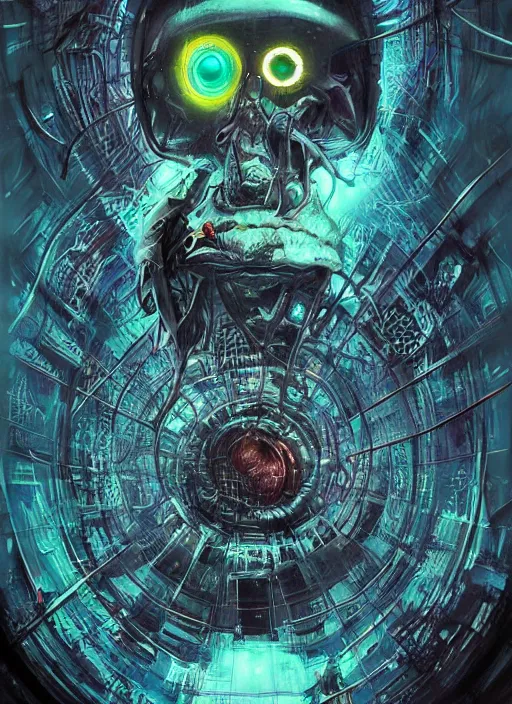 Image similar to a futuristic skull with glowing eyes and a wormhole tunnel cyberpunk art by android jones, featured on artstation, darksynth, synthwave