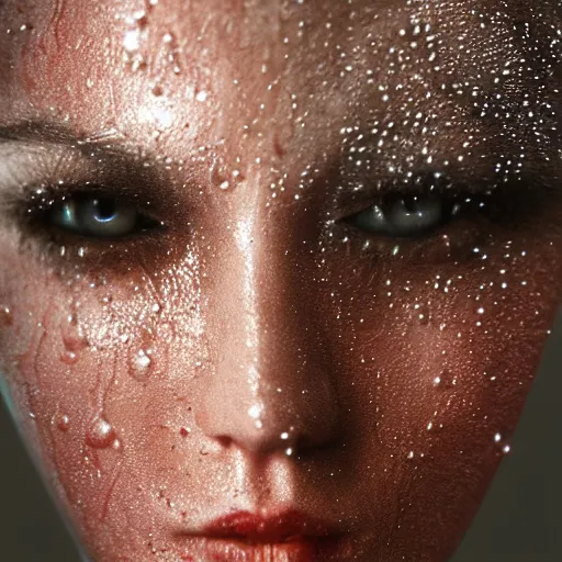 Image similar to closeup of sweating forehead with sweat on it, big drops of sweat, big beads of sweat, sweat drops, airbrush painting, forehead only, by Hajime Sorayama, trending on artstation, beautiful lighting, sharp, details, hyper-detailed, HD, HDR, 4K, 8K