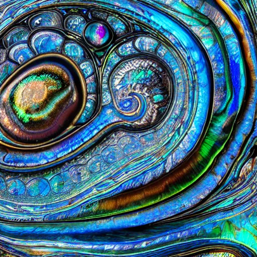 Image similar to Art Nouveau cresting oil slick waves, hyperdetailed bubbles in a shiny iridescent oil slick wave, ammolite, dinosaur bone, detailed giant opalized ammonite shell, black opal, abalone, paua shell, ornate copper patina medieval ornament, rococo, organic rippling spirals, octane render, 8k 3D, druzy geode, cresting waves and seafoam