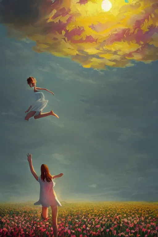 Prompt: giant white daisies flower as head, girl jumping in a flower field, surreal photography, sunrise, dramatic light, impressionist painting, colorful clouds, digital painting, artstation, simon stalenhag