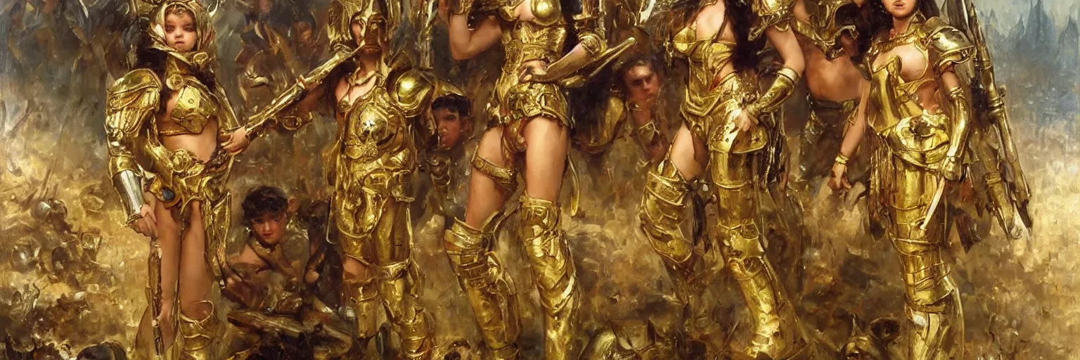 Prompt: a single young girl wearing a gold armor standing in a battlefirld, surrounded by dead bodies, extremely realistic and highly detailed painting by gaston bussiere and j. c. leyendecker 8 k