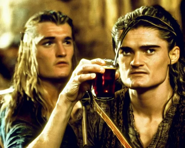 Image similar to Will Turner and Legolas drinking cola in the pub, film still, high detail