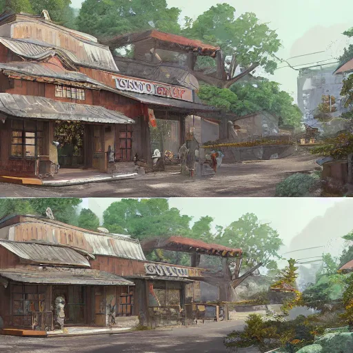 Prompt: concept art painting of a historic bakery with european and japanese architecture, in a woodland village surrounded by trees, realistic, detailed, cel shaded, in the style of makoto shinkai and greg rutkowski and james gurney