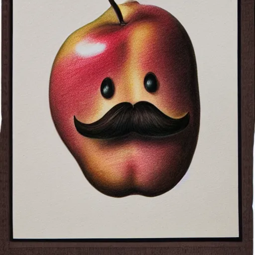 Prompt: an angry light-brown pear with a thick mustache and a bright halo around its head, wearing a general\'s uniform, high quality color pencil drawing