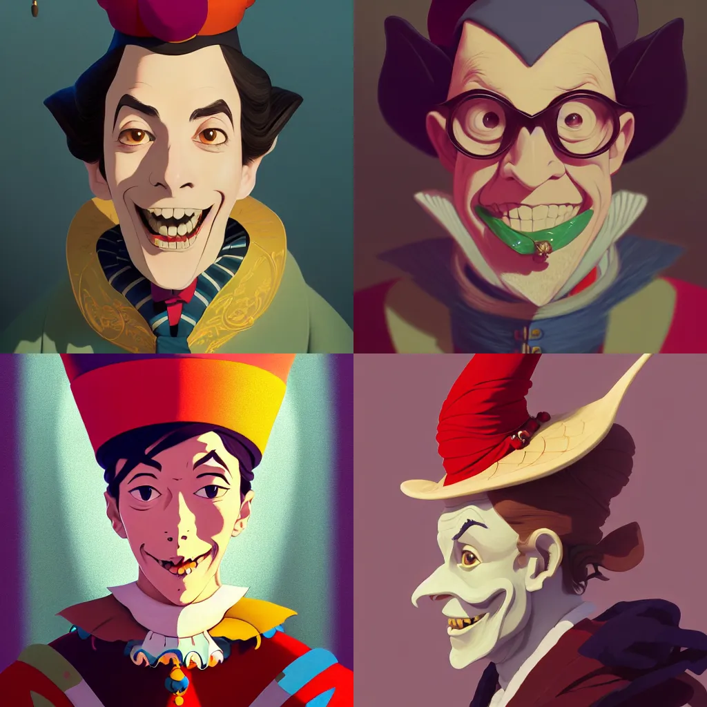 Prompt: portrait of a court jester, artstation, elegant, highly detailed, digital painting, concept art, smooth, sharp focus, illustration, art by studio ghibli, fujita goro, atey ghailan, tom whalen, jean giraud 8 k