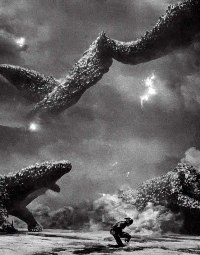 Prompt: a filmstill of a north korean monster movie, kaiju - eiga monster starfish - like trampling a traditional korean palace, foggy, film noir, urban epic battle, etheral, explosions, communist starfish, thriller, by akira kurosawa and wachowskis, video compression