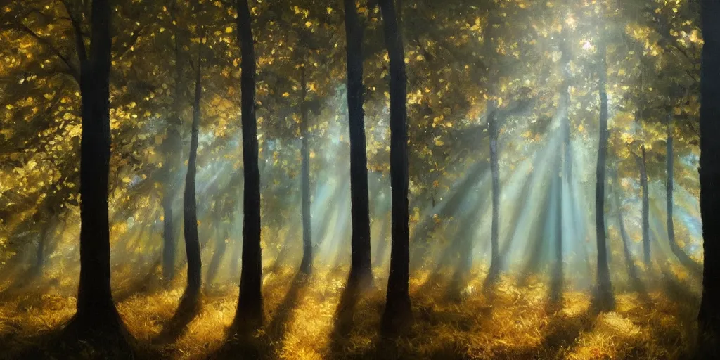 Image similar to An oil painting of an intensely beautiful forest in the morning; rays of light coming through the canopy; trending on artstation