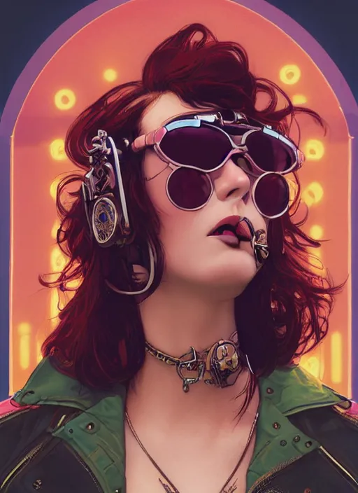 Prompt: a portrait of a punk woman, neon, retro, steampunk, aviator sunglasses, blowing a bubble, smooth, sharp focus, centered in frame, rule of thirds, intricate, artstation, detailed concept art by Rutkowski and Mucha and sky sewa and Marc Simonetti